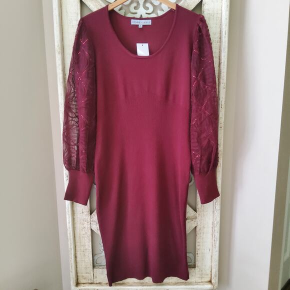 Absolutely Famous Long Sleeve Balloon Lace Sequin Ribbed Knit Sweater Midi Dress - Picture 1 of 7